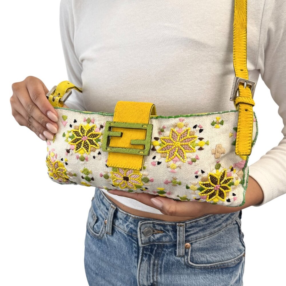 FENDI Vintage FF Beads Mamma Baguette Crossbody Bag Flower Embroidery [106448]